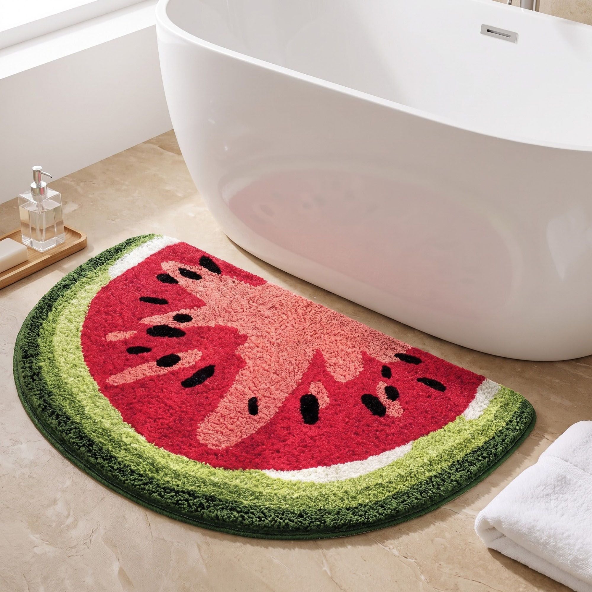 Kiwi Fruit Slice Plush Semicircle Bathroom Mat with Green Tufted Design