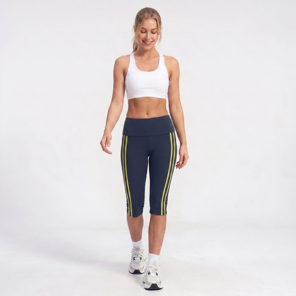 High Waist Side Stripe Capri Leggings Wide Waistband Cropped Workout Yoga Pants
