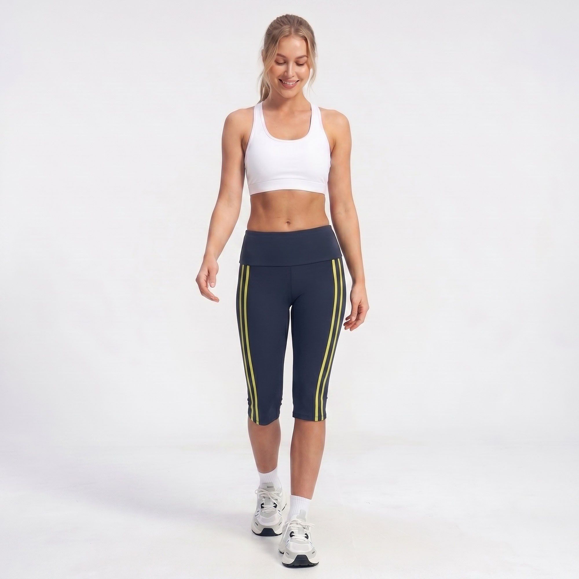 High Waist Side Stripe Capri Leggings Wide Waistband Cropped Workout Yoga Pants