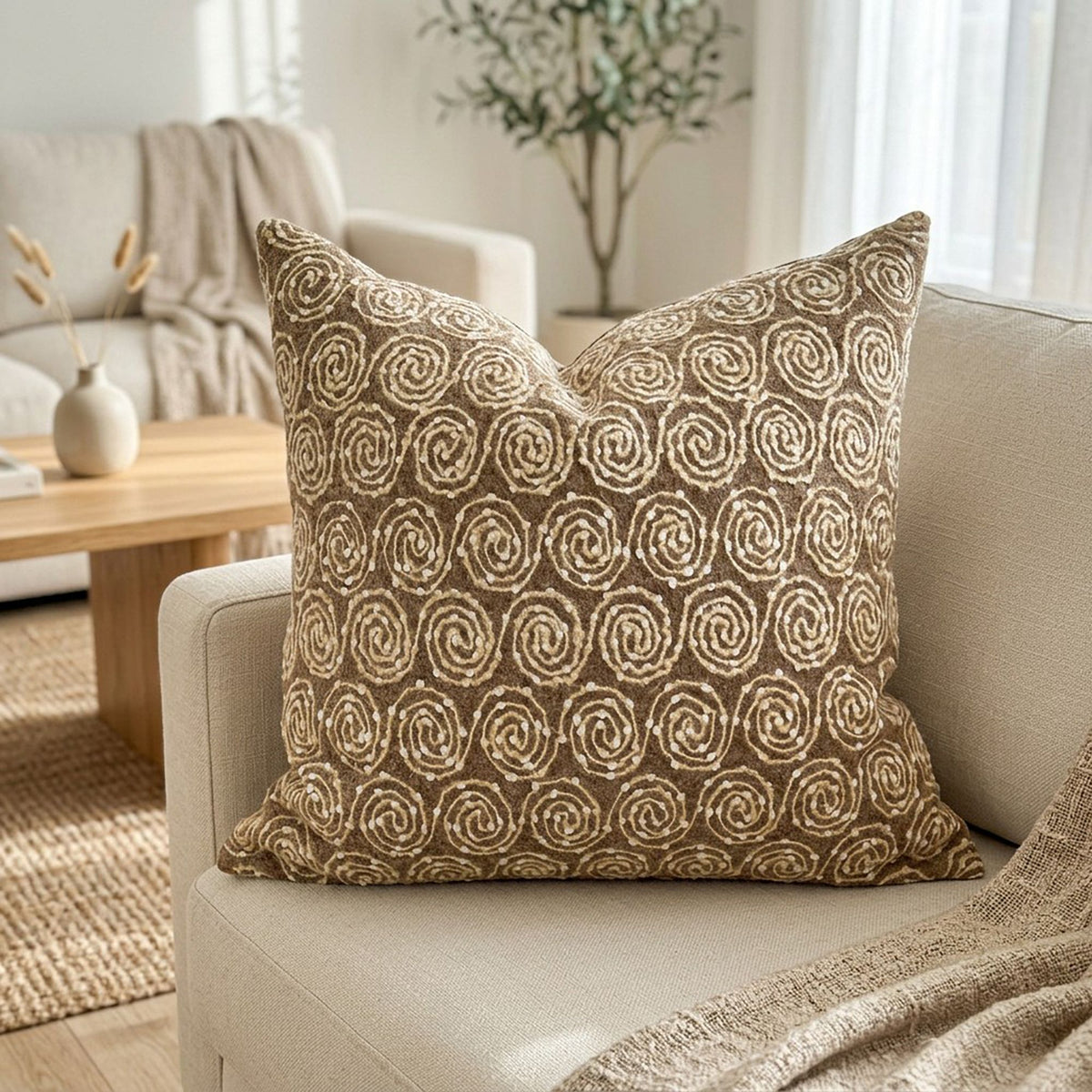 Boho Swirl Pattern Embroidered Decorative Throw Pillow Cover