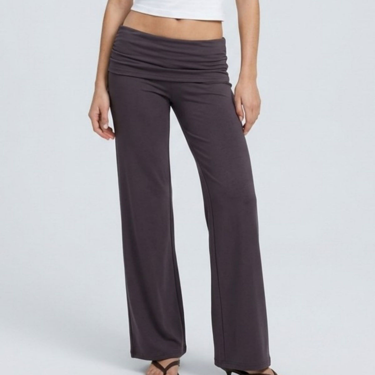 Foldover Waistband Full-Length Wide-Leg Trousers