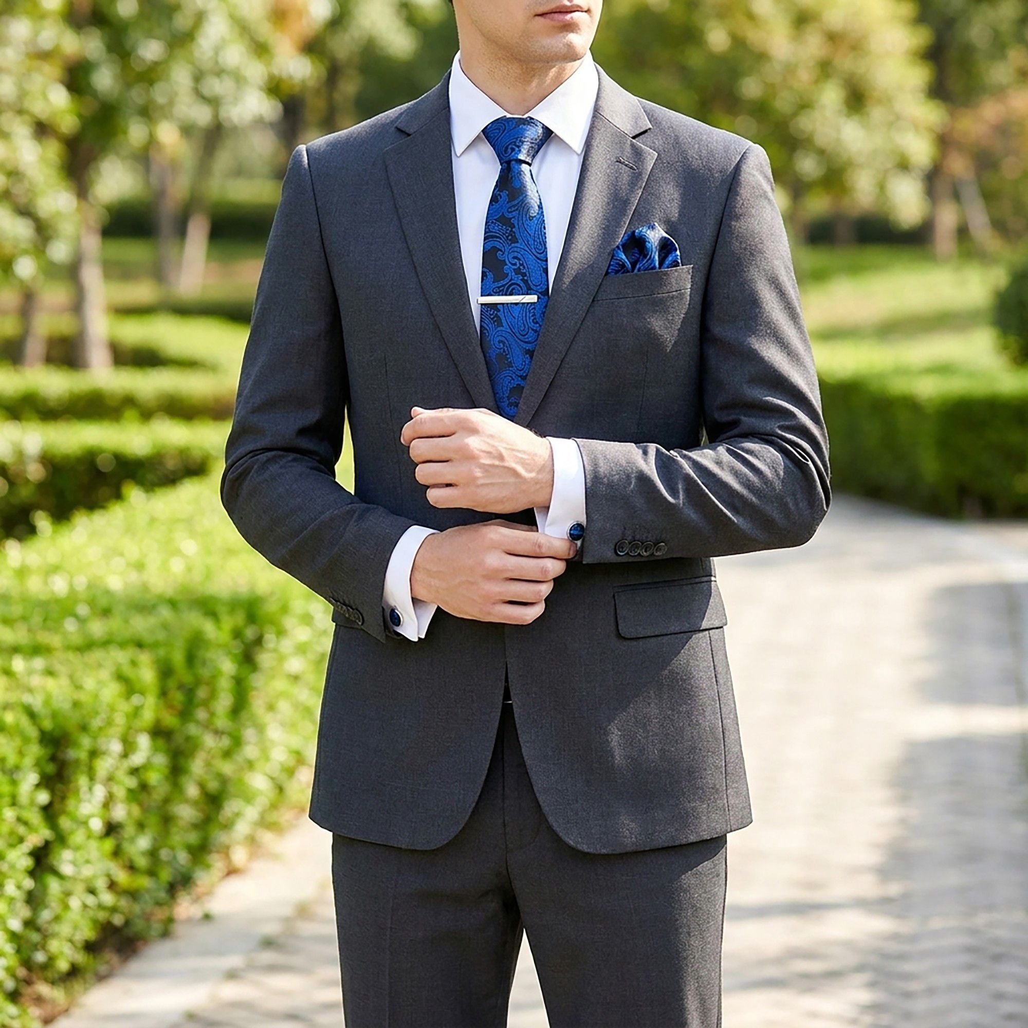 Men's Floral Print Tie Gift Set with Matching Pocket Square Cufflinks and Silver Tie Clip