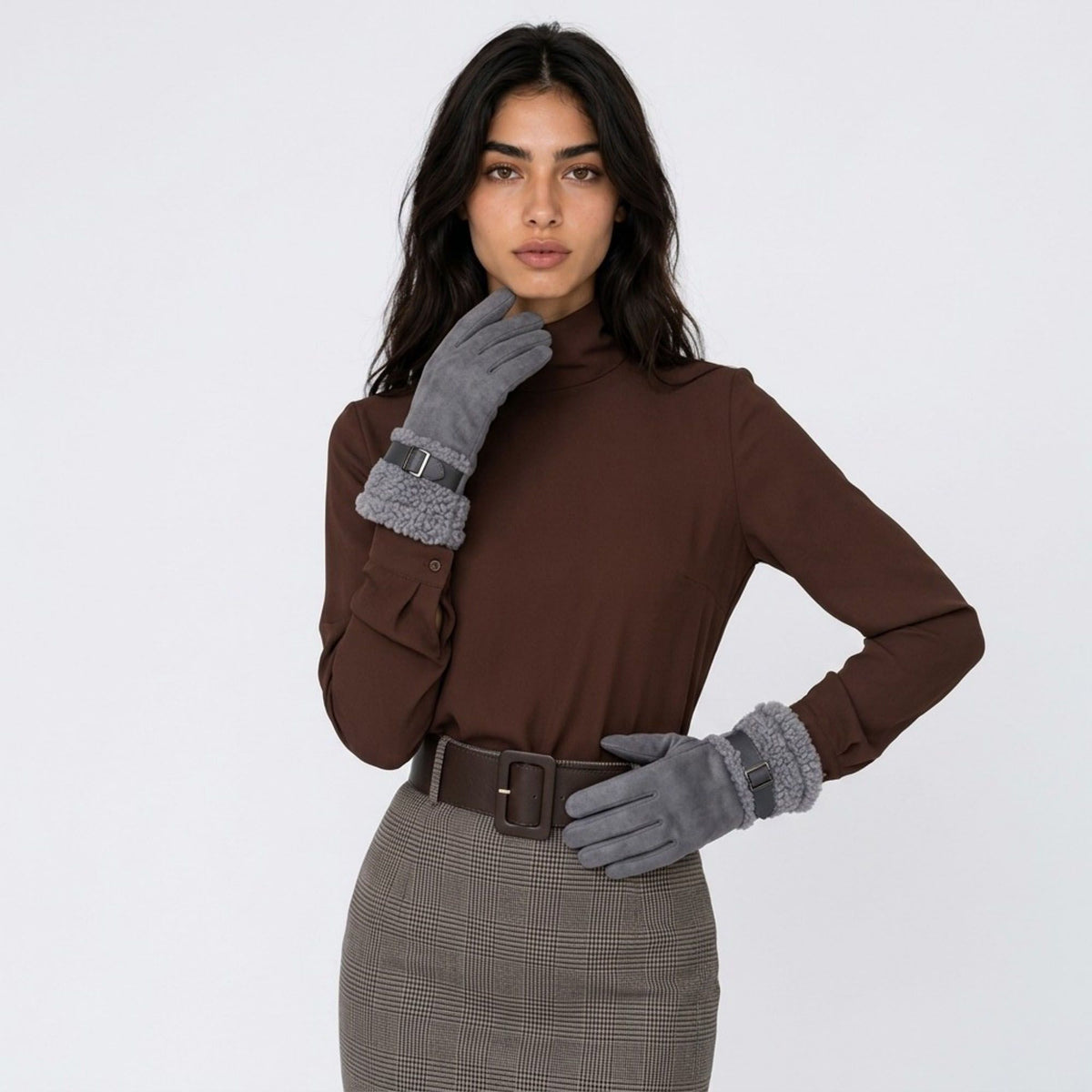 Faux Suede Gloves with Plush Faux Fur Cuffs and Buckle Detail