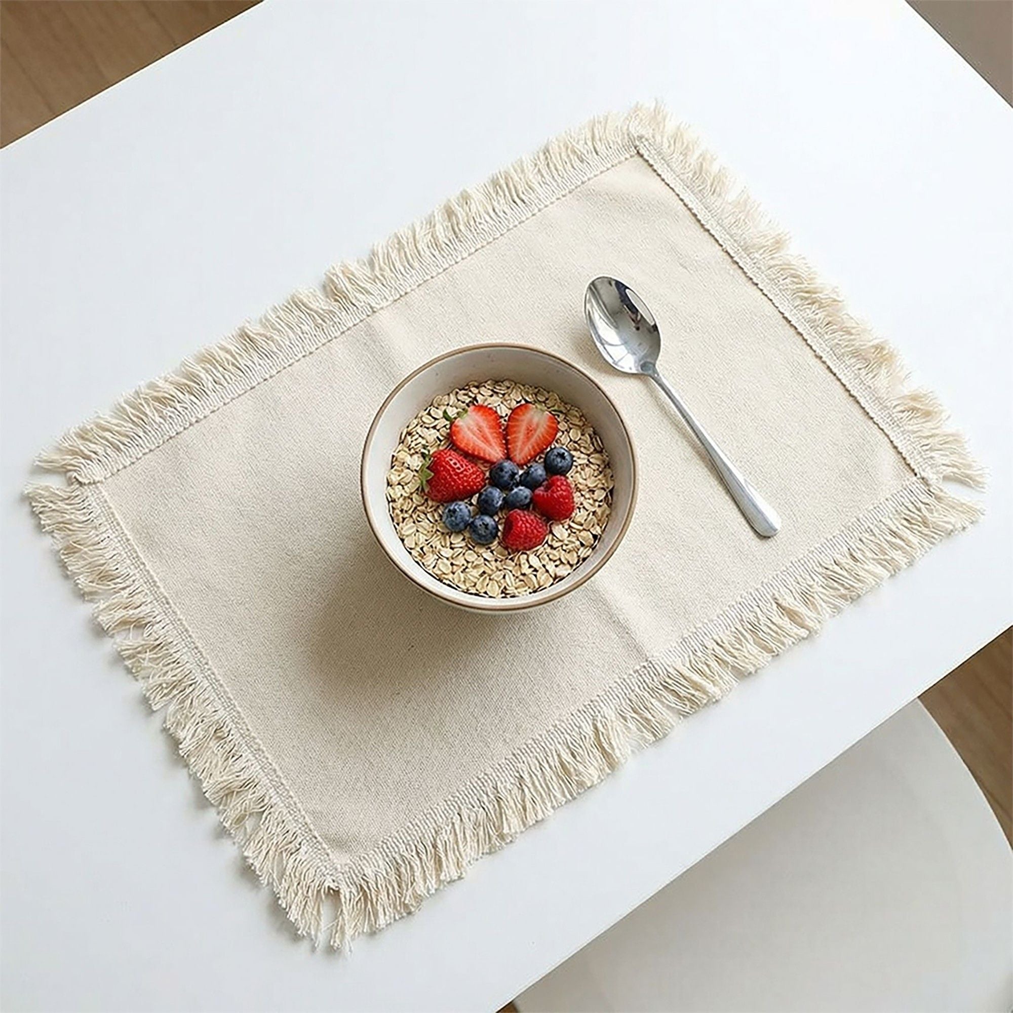 4 Piece Cotton Linen Fringe Placemats Farmhouse Table Mats Washable Heat Resistant Dining Mats