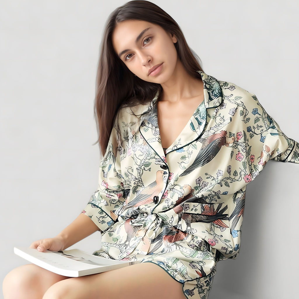 Anna-Kaci Lounge Women's Bird Print Pajama Set with Button Front Top and Contrast Trim Details