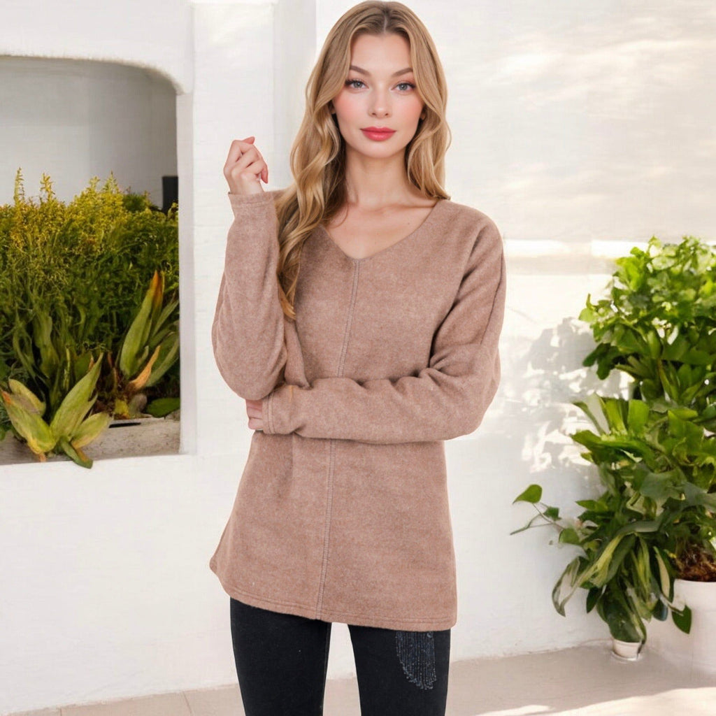 Anna-Kaci Women's Long Sleeve V-Neck Tunic Sweater with Seam Detail