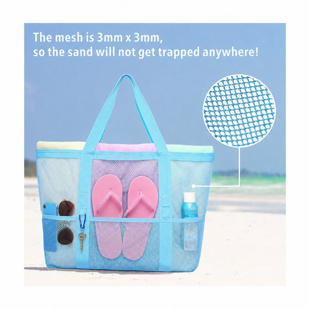 Mesh Beach Tote Bag Large Capacity Travel Shoulder Bag with Exterior Pockets Zipper Top Organizer