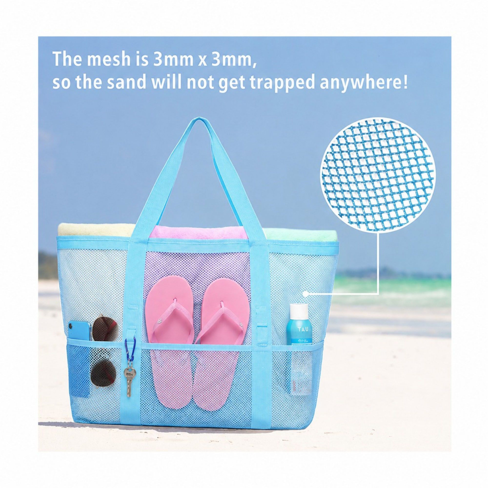 Mesh Beach Tote Bag Large Capacity Travel Shoulder Bag with Exterior Pockets Zipper Top Organizer