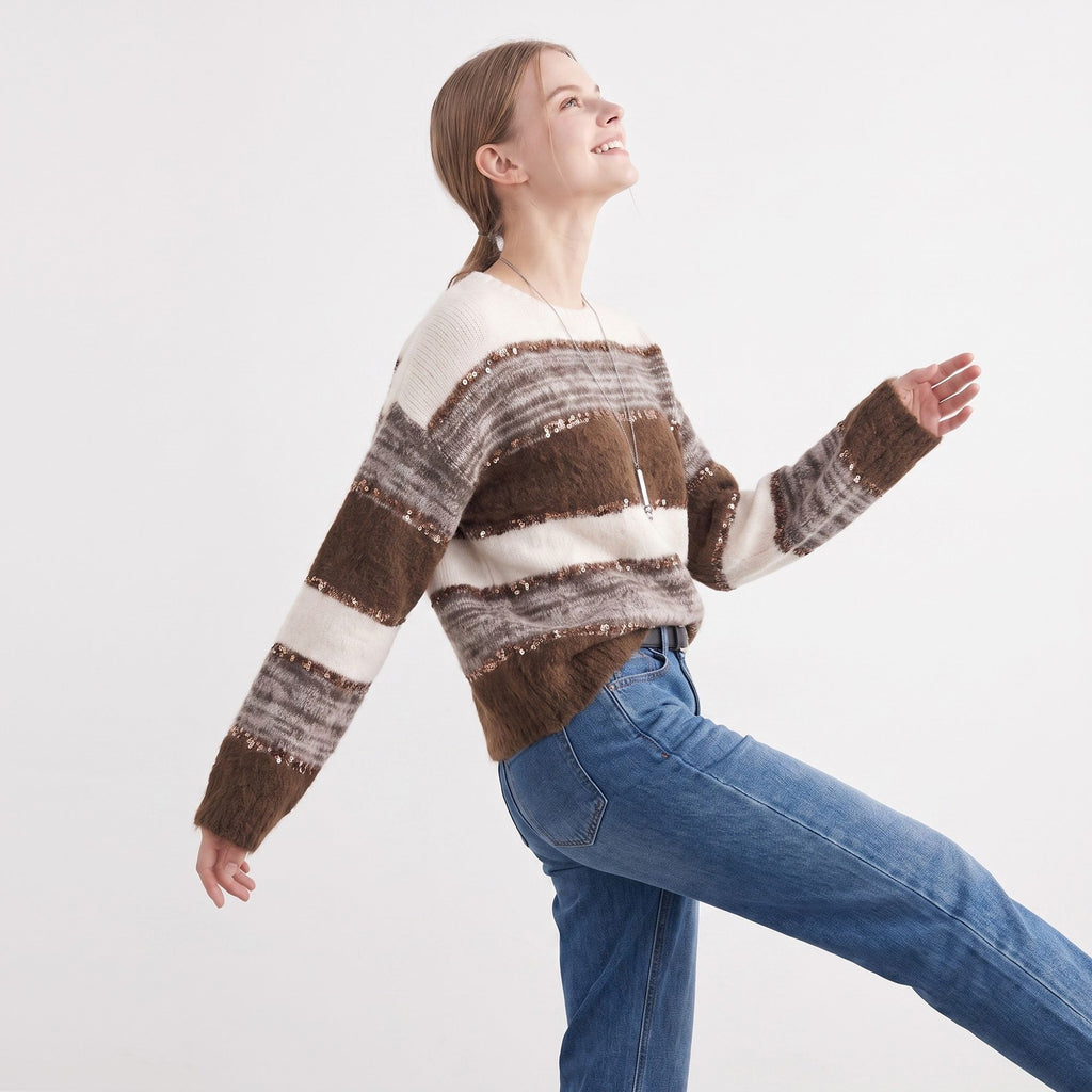 Sequin Striped Fuzzy Knit Crewneck Pullover Sweater