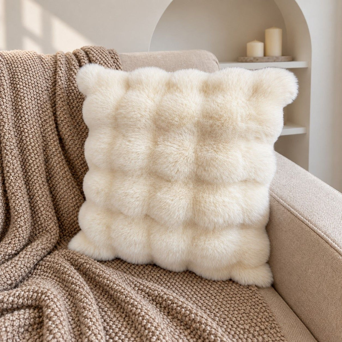 Double Sided Plush Faux Fur Throw Pillow Cover 18 x 18 Inch Bubble Texture
