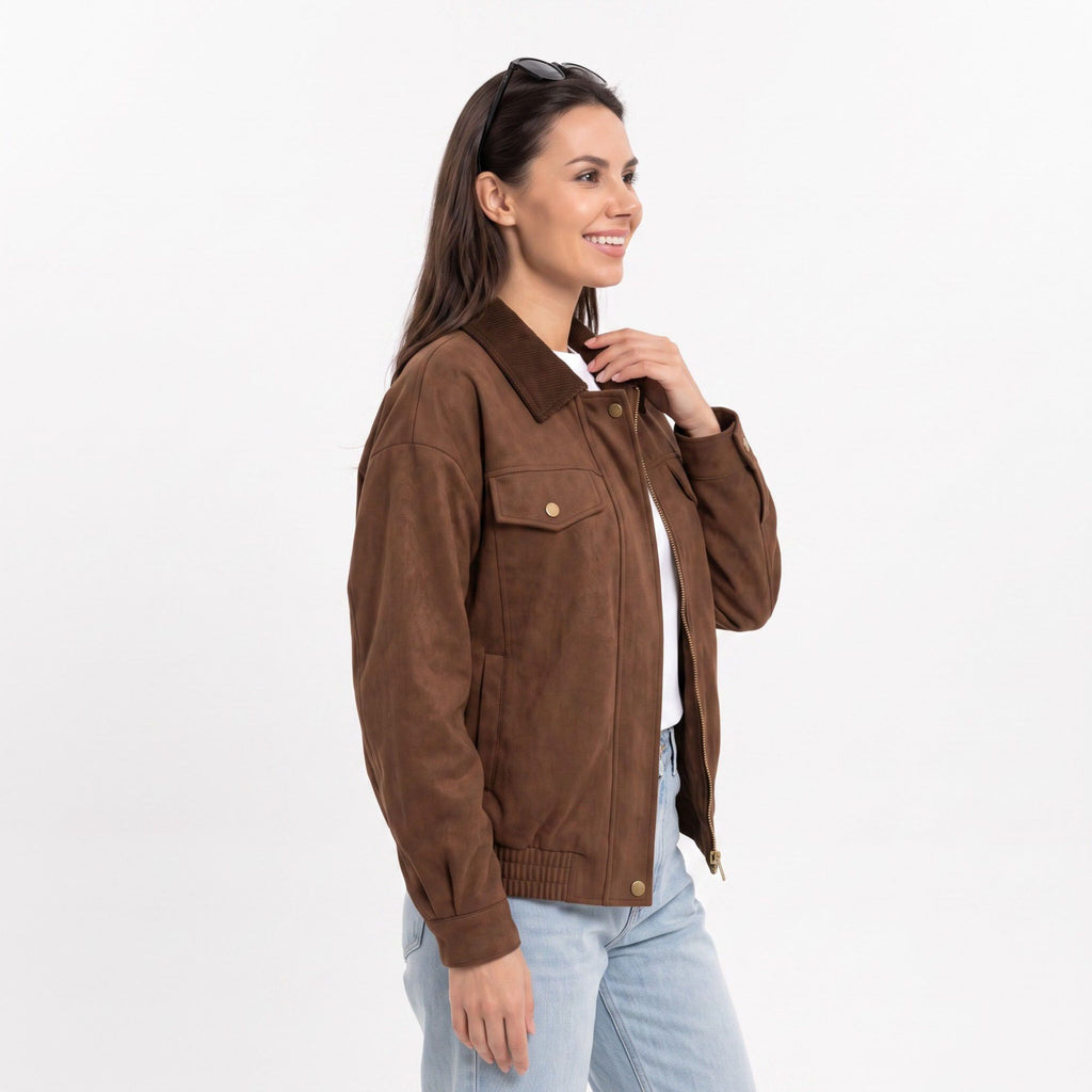Utility Jacket Zip Front Contrast Collar Chest Pockets Relaxed Fit