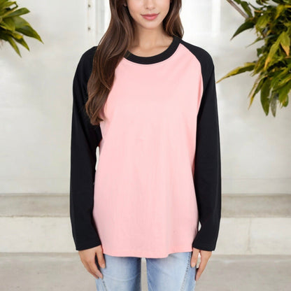 Long Sleeve Raglan T-Shirt with Contrast Sleeves and Relaxed Fit