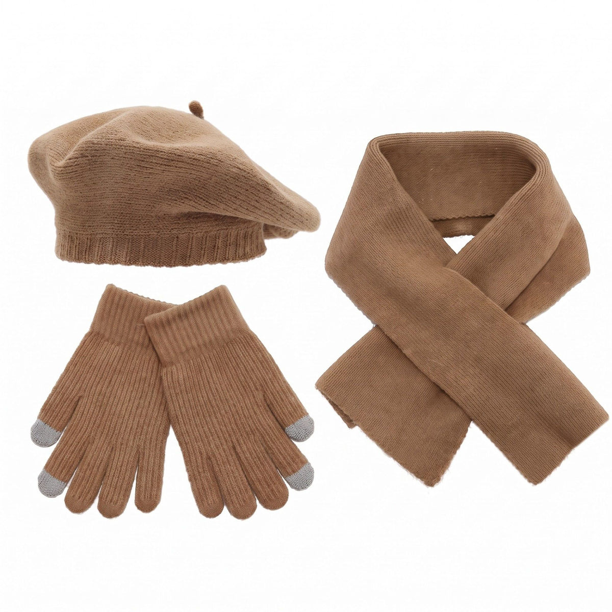 3 Piece Beret Scarf and Touchscreen Gloves Winter Set