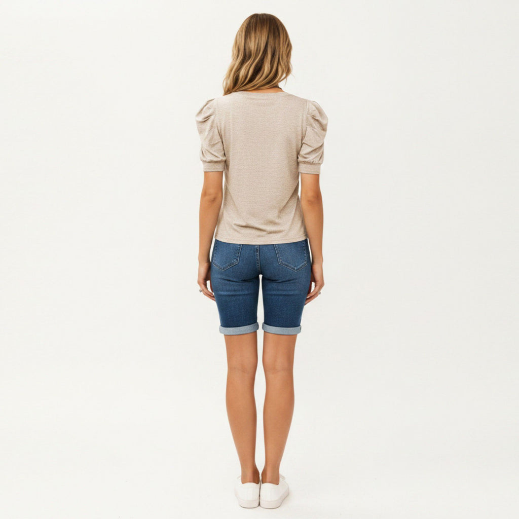 Anna-Kaci Women's Short Sleeve Puff Sleeve Knit Top with Crew Neck and Soft Textured Fabric