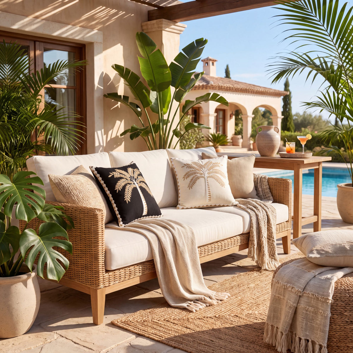 Palm Tree Embroidered Throw Pillow Cover Textured Botanical Square Cushion Cover