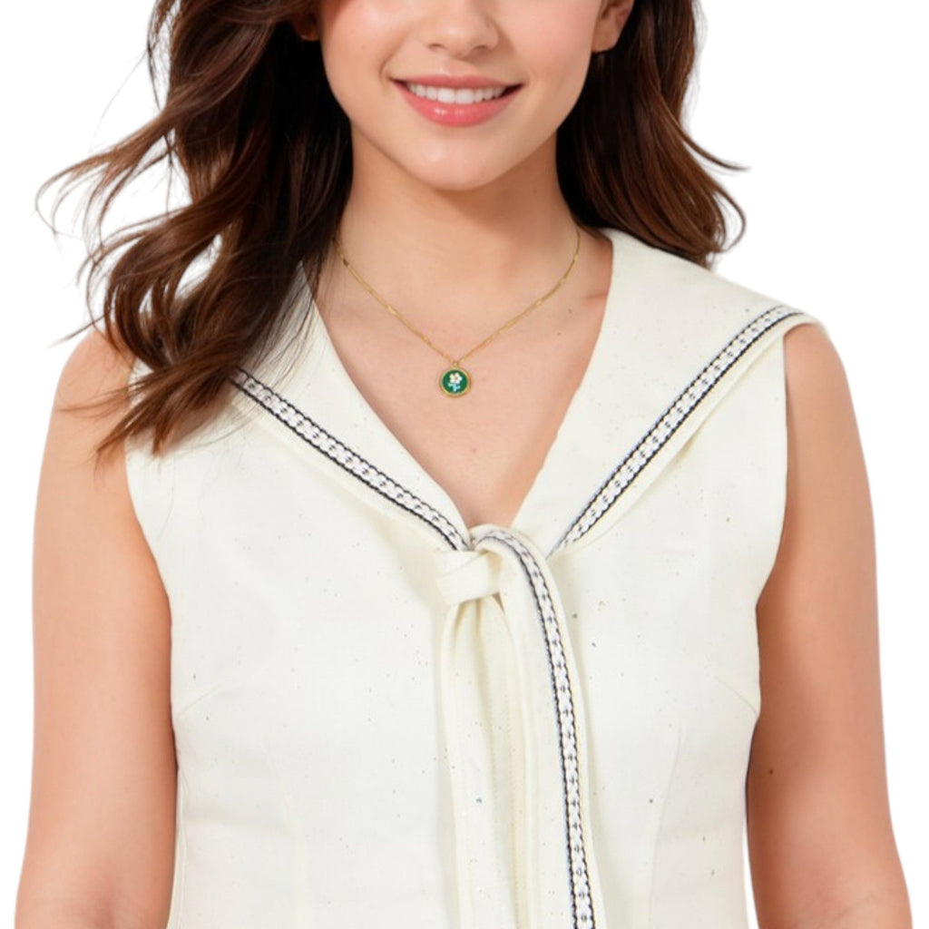 Women's Gold Tone Chain Fashion Necklace with Green Enamel Flower Pendant