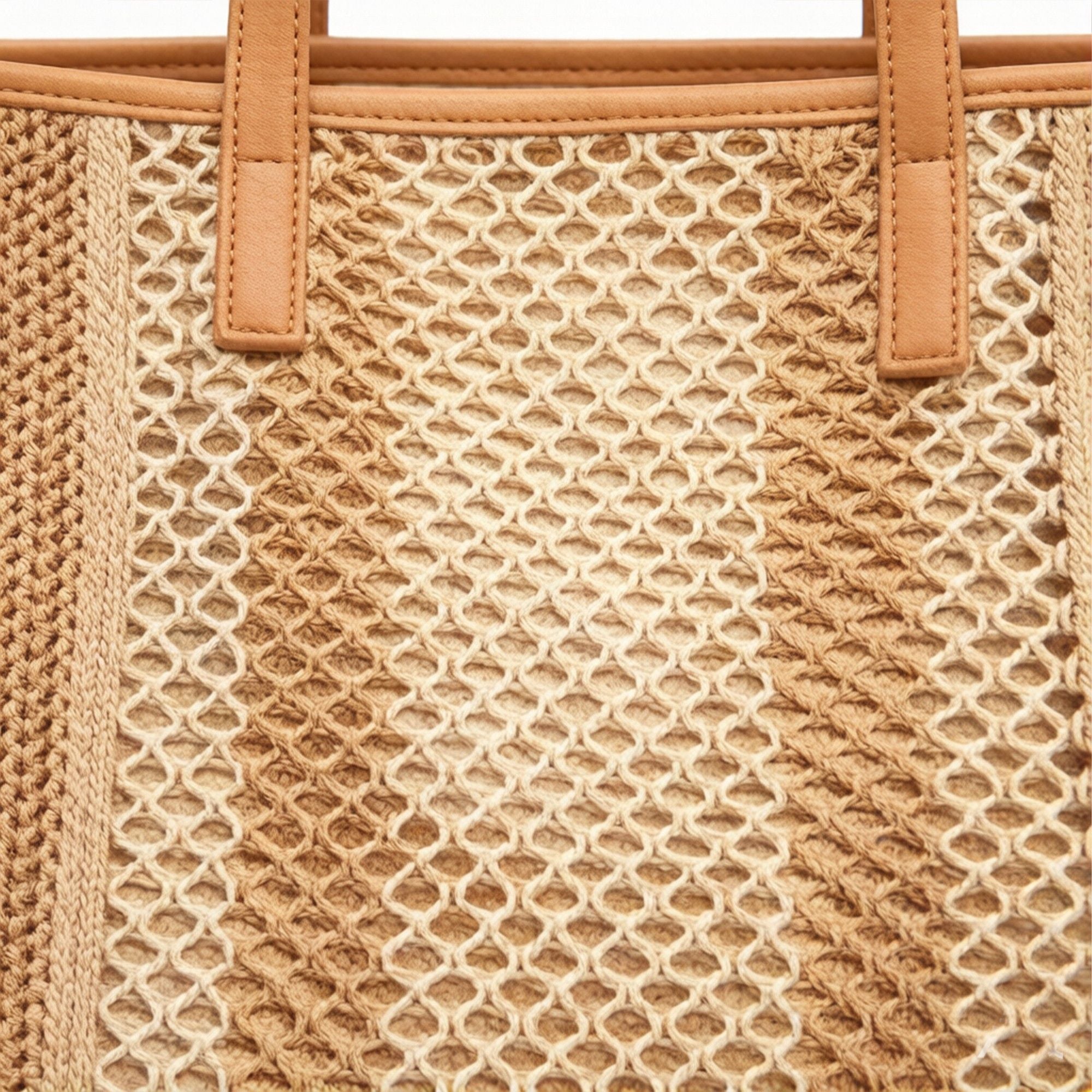 Woven Crochet Tote Bag with Textured Panel Design Leather Shoulder Strap Lightweight Handbag