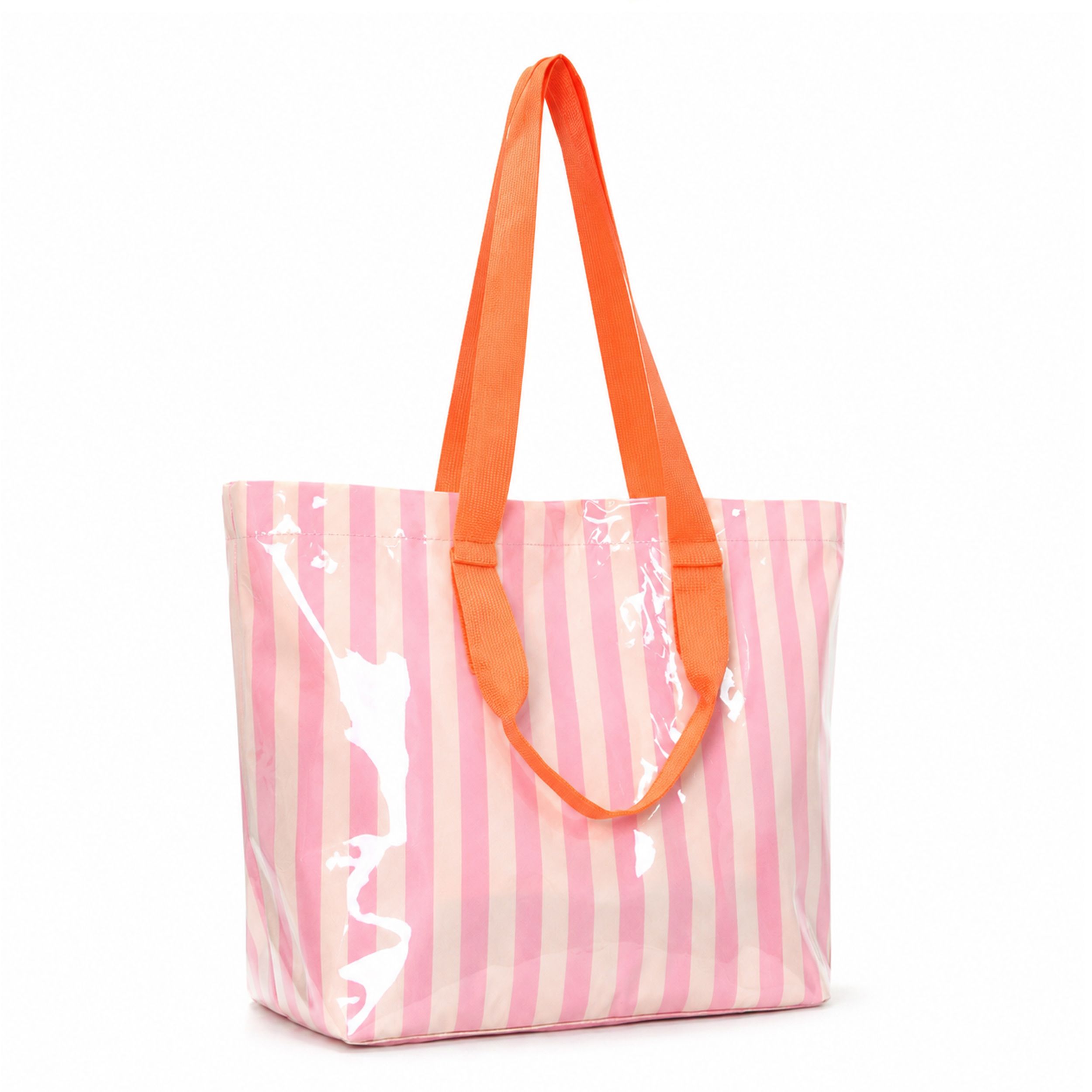 Striped PVC Beach Tote Bag with Magnetic Closure and Zip Pocket