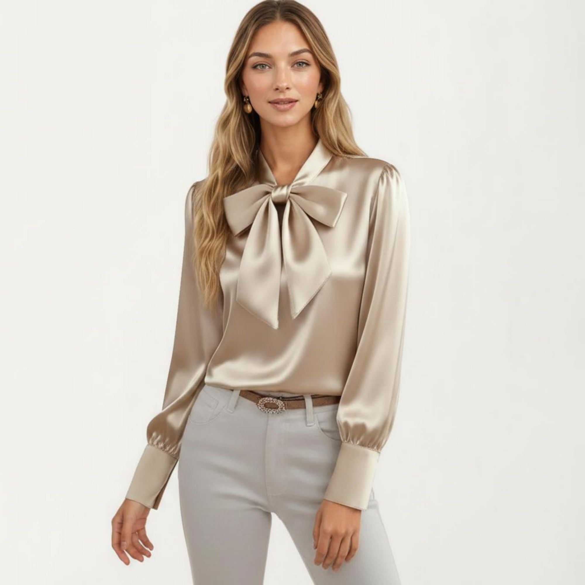 Anna-Kaci Women's Satin Bow Neck Blouse with Long Puff Sleeves and Wide Cuffs