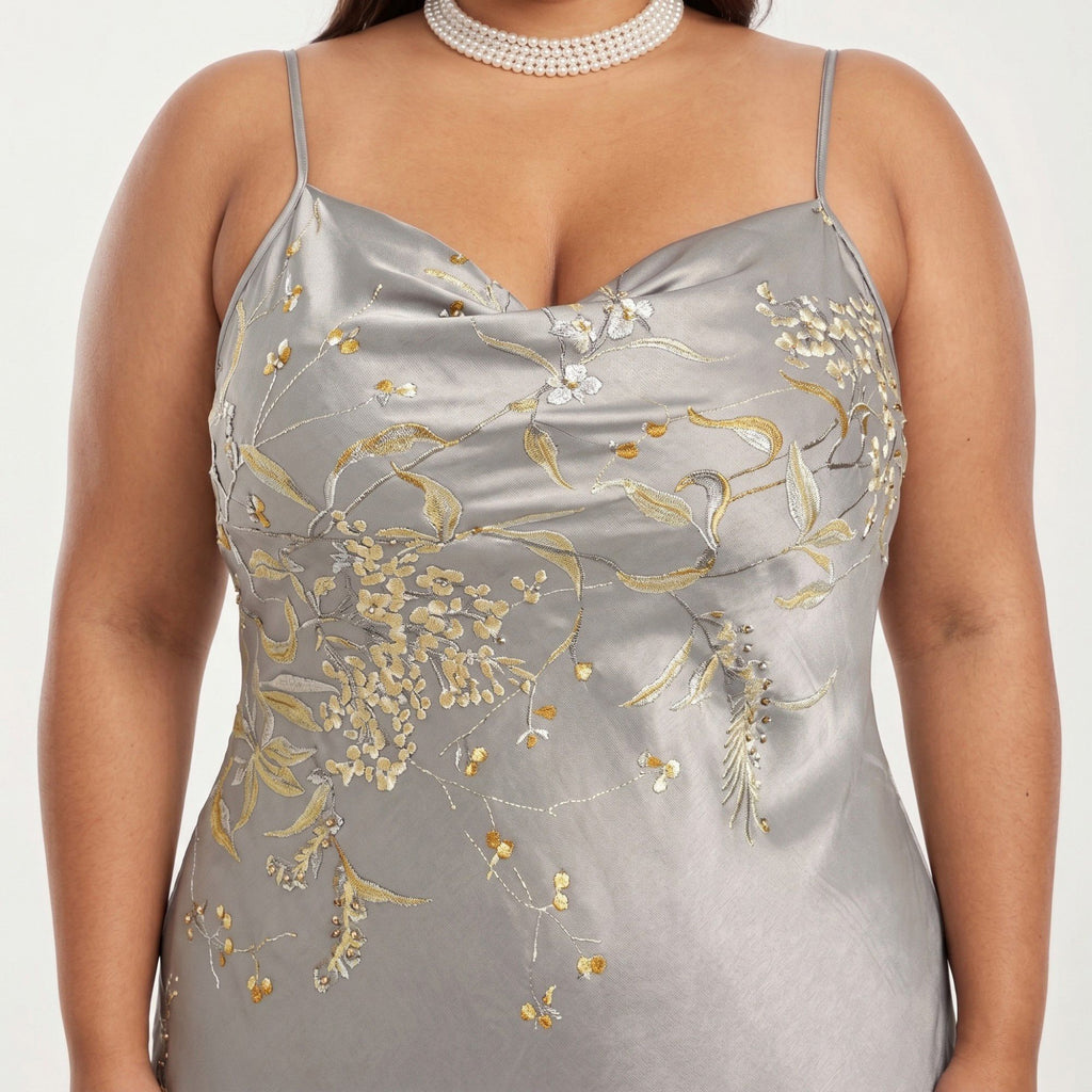 Anna-Kaci Lounge Women's Plus Size Satin Floral Slip Nightgown with Adjustable Spaghetti Straps Cowl Neck Midi Length Sleepwear Dress