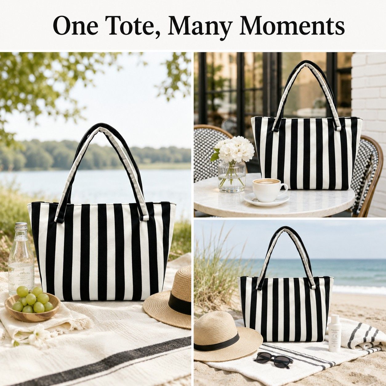 Striped Terry Cloth Tote Bag Roomy Beach and Travel Shoulder Carryall