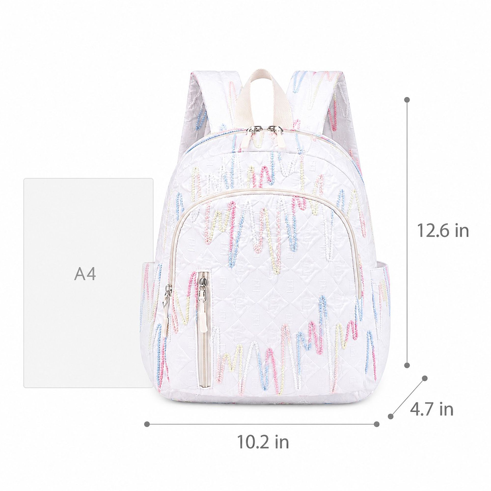 Quilted Backpack with Embroidered Pattern and Multiple Pockets