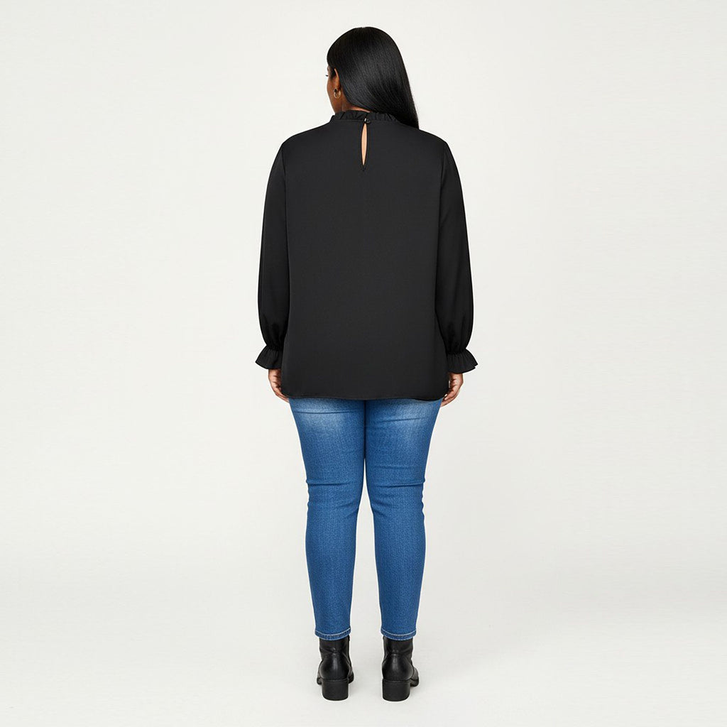 Anna-Kaci Women's Plus Size Long Sleeve High Neck Pullover Blouse with Textured Sheer Yoke and Gathered Cuffs