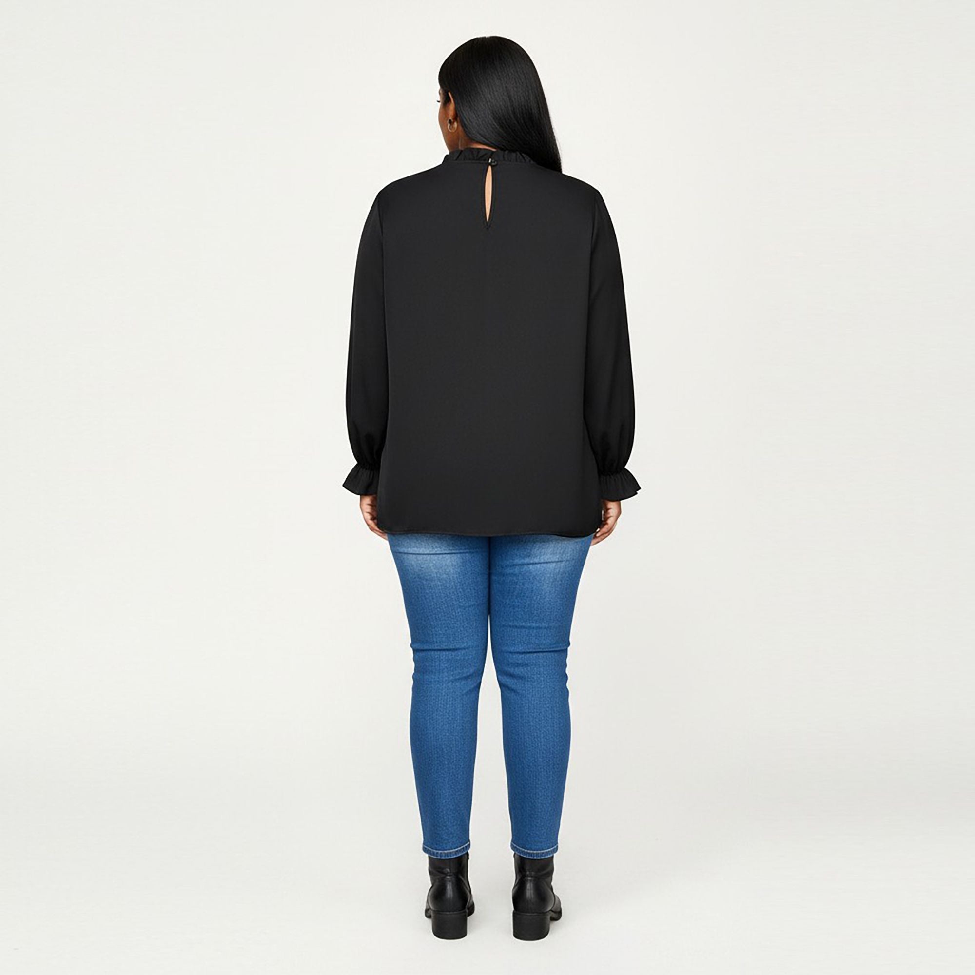 Anna-Kaci Women's Plus Size Long Sleeve High Neck Pullover Blouse with Textured Sheer Yoke and Gathered Cuffs