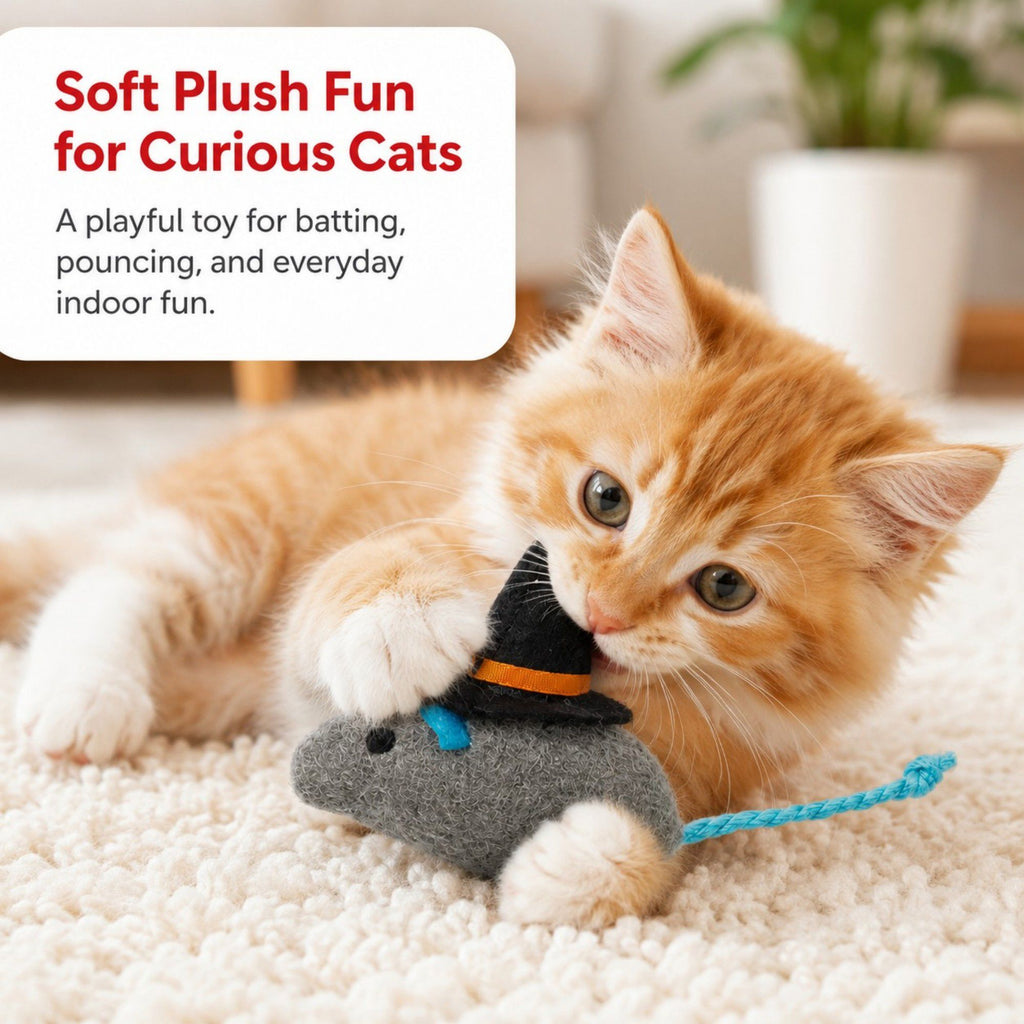 Halloween Witch Mouse Cat Toy with Soft Plush Body and Rope Tail