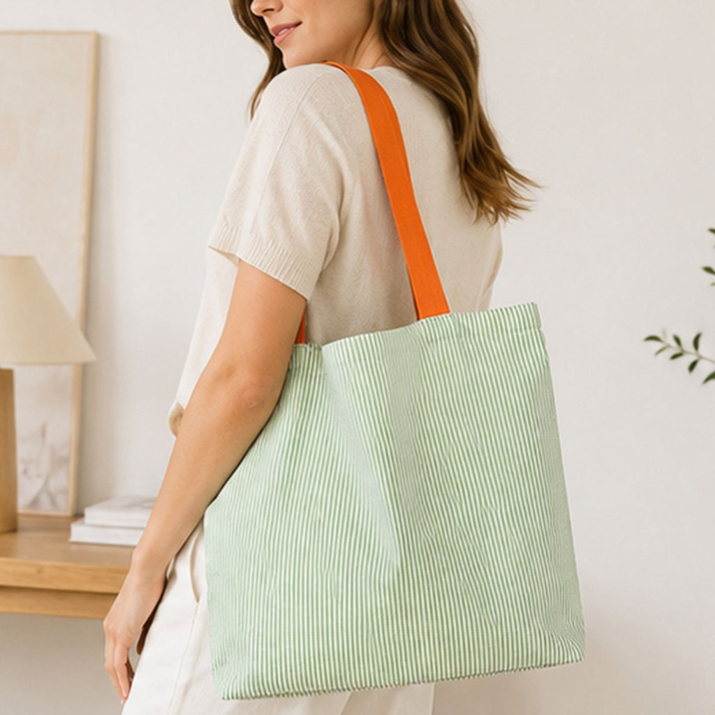 Striped Canvas Tote Bag Colorblock Large Capacity Shoulder Bag