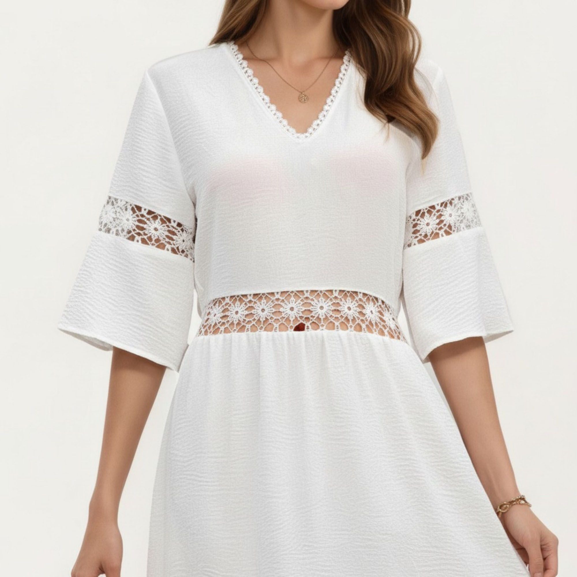 Anna-Kaci Women's V Neck Midi Dress with Lace Trim Paneling and Short Wide Sleeves Flowing Silhouette