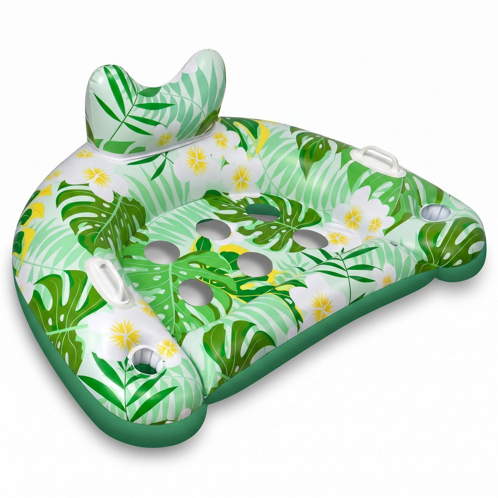 Inflatable Pool Lounger with Tropical Leaf Print and Cup Holders