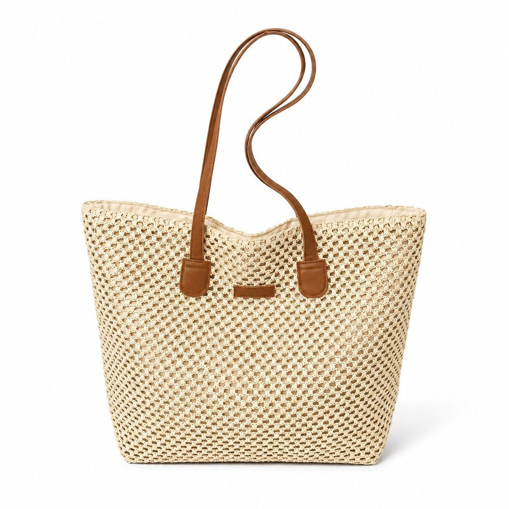 Woven Straw Tote Bag Faux Leather Handles Large Capacity Shoulder Handbag for Everyday Use