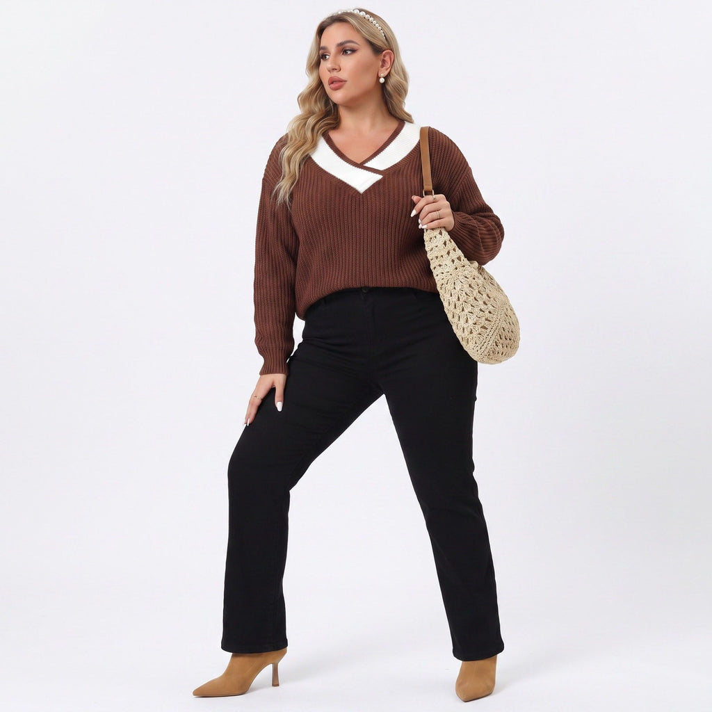 Plus Size Contrast Collar V-Neck Ribbed Sweater