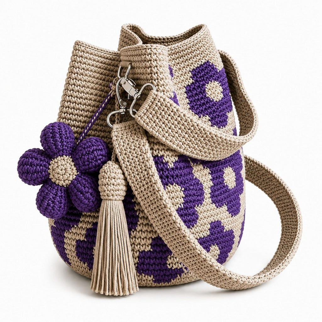 Yellow handbag with floral, crochet and fringe