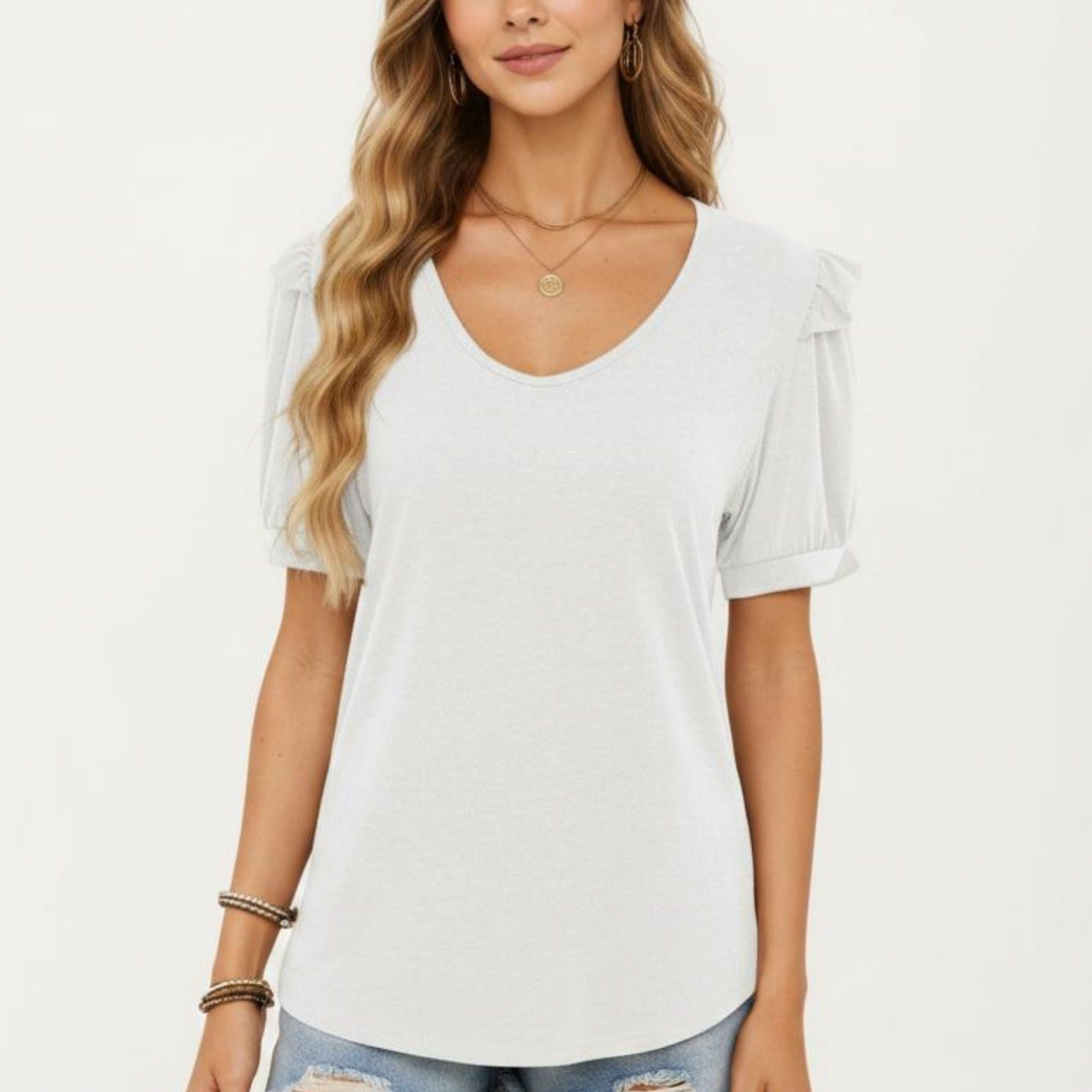 Anna-Kaci Women's Short Puff Sleeve Top with Scoop Neck Textured Knit Relaxed Fit Casual Shirt