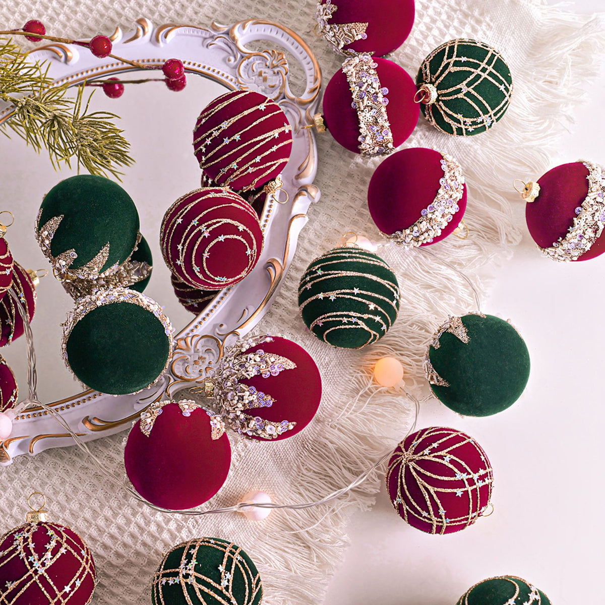 12ct Flocked Christmas Ball Ornament Set with Glitter Beaded Holiday Tree Decorations