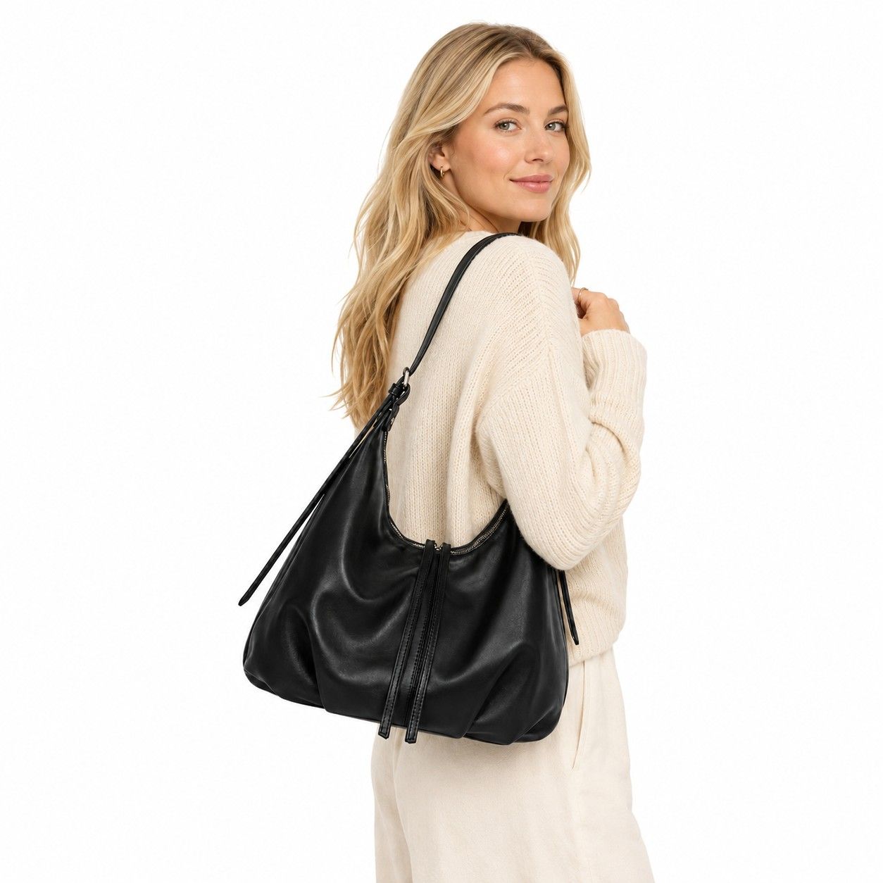 Slouchy Faux Leather Hobo Shoulder Bag with Adjustable Strap and Zip Closure
