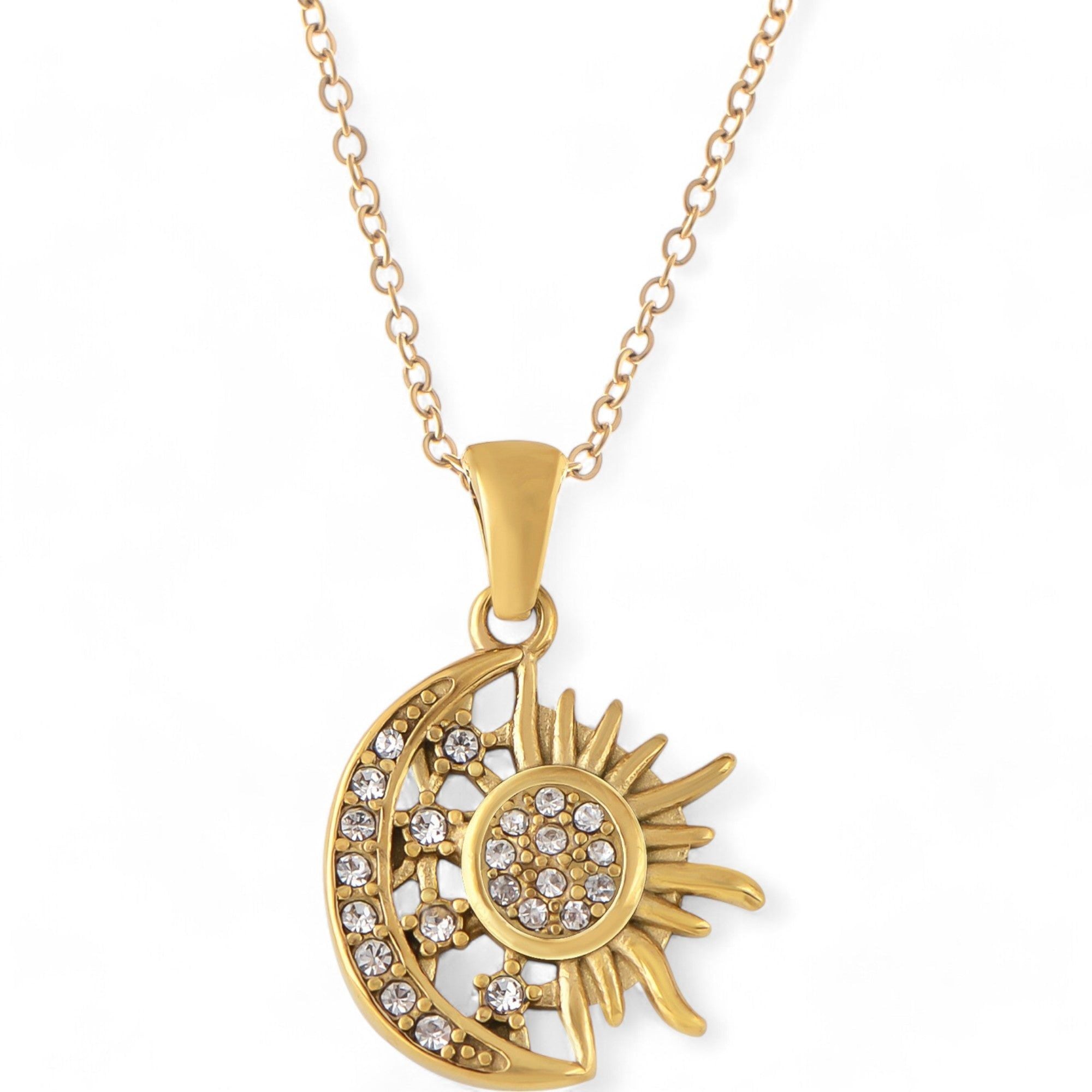 Women's Rhinestone Sun and Moon Pendant Fashion Necklace with Gold Tone Chain Statement Jewelry Piece