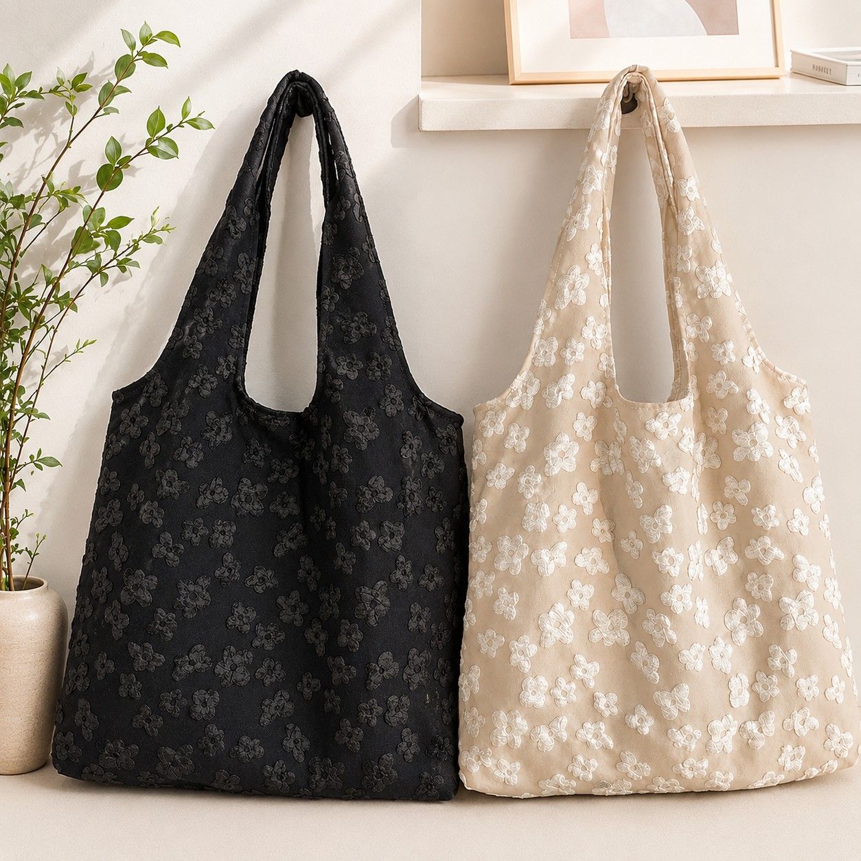 Floral Embroidered Shoulder Tote Bag Lightweight Foldable Everyday Bag for Women