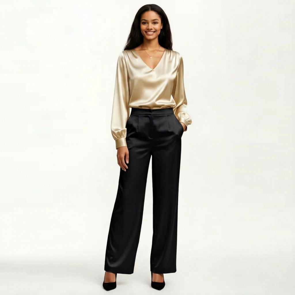Anna-Kaci Women's Satin V-Neck Blouse with Long Balloon Sleeves and Wide Cuffs