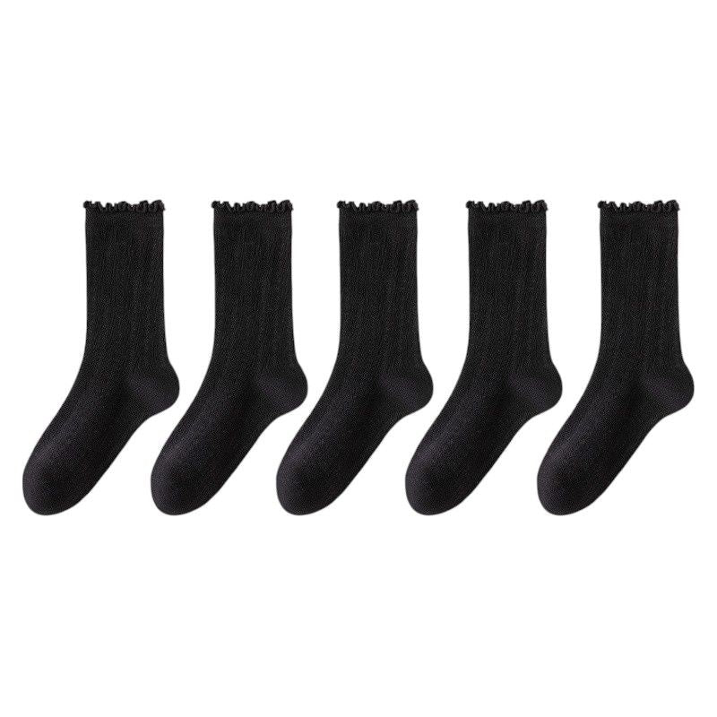 Anna-Kaci Women's Ribbed Crew Socks with Ruffle Lettuce Trim Soft Stretch Knit Comfortable Everyday 5-Pack