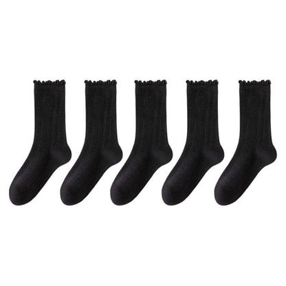 Anna-Kaci Women's Ribbed Crew Socks with Ruffle Lettuce Trim Soft Stretch Knit Comfortable Everyday 5-Pack