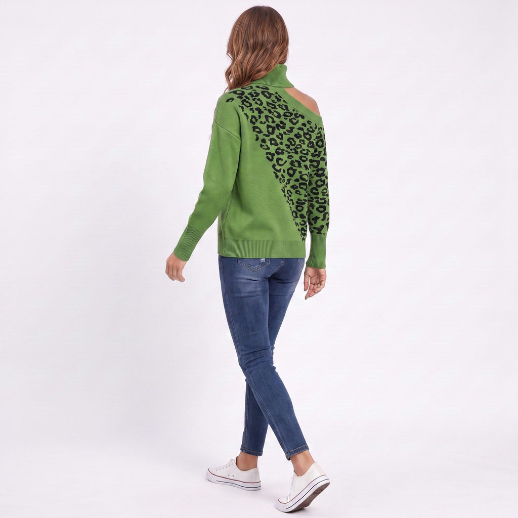 Leopard Print Cold Shoulder Turtleneck Sweater