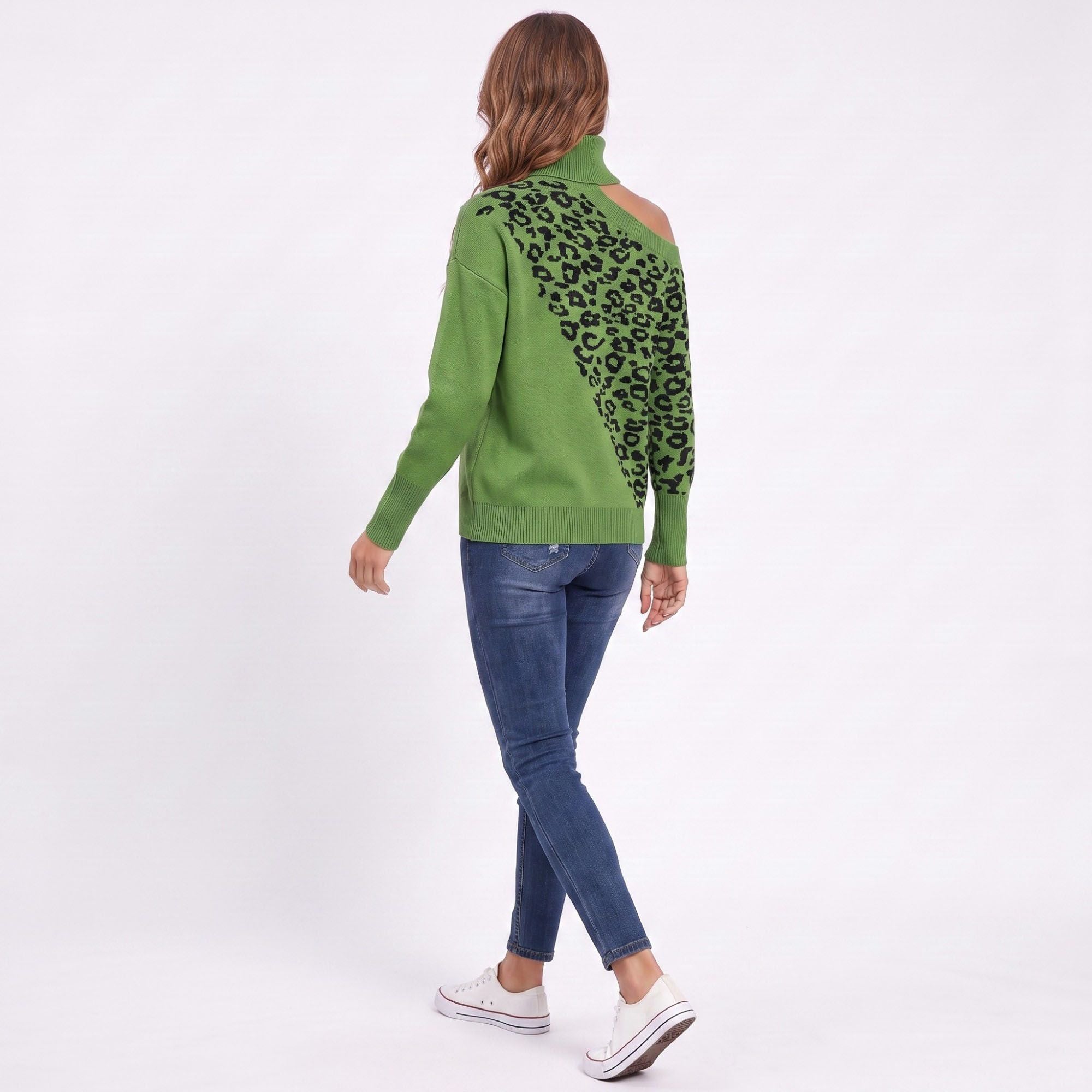 Leopard Print Cold Shoulder Turtleneck Sweater