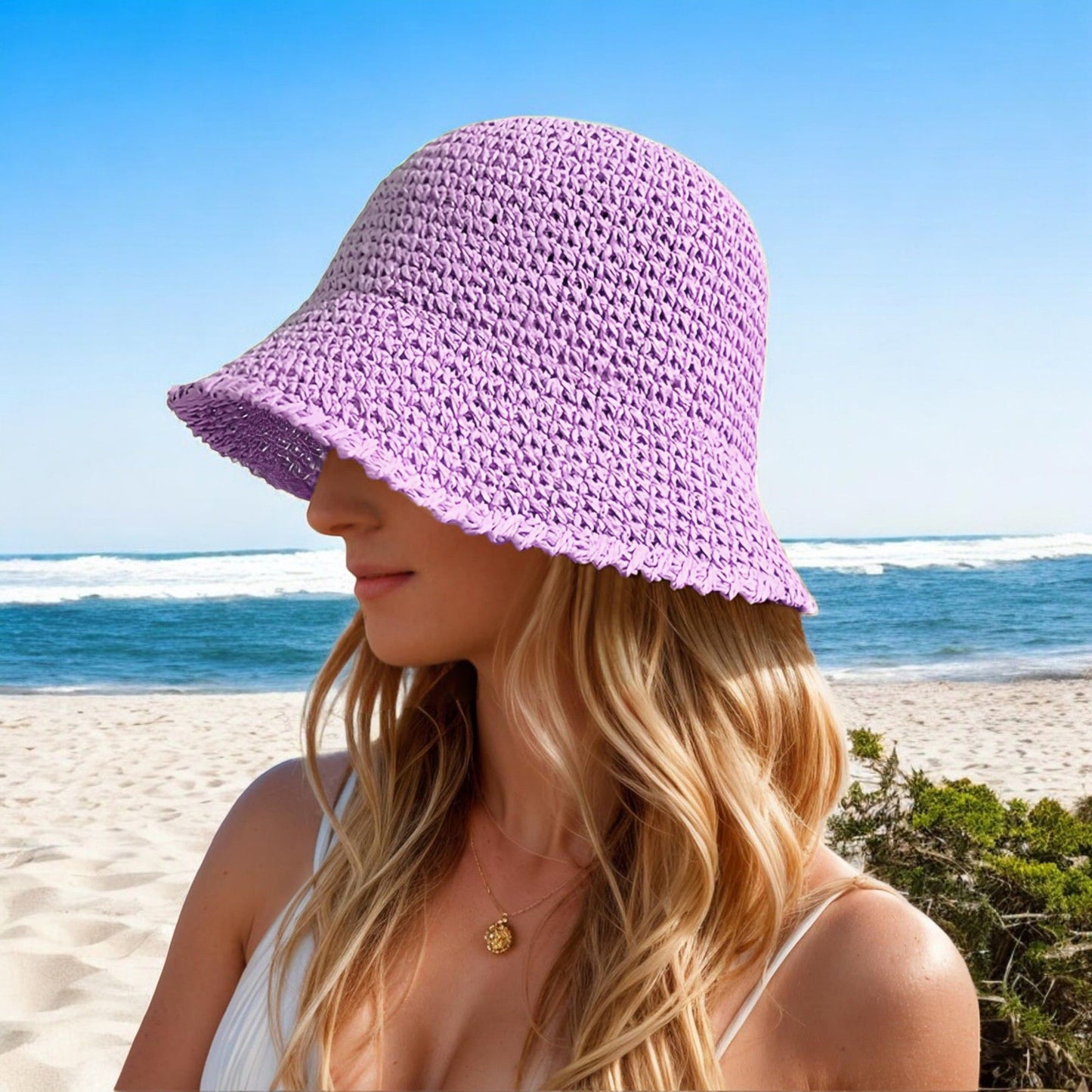 Anna-Kaci Crochet Raffia Bucket Hat Lightweight Foldable Wide Brim Sun Hat for Stylish Summer Protection