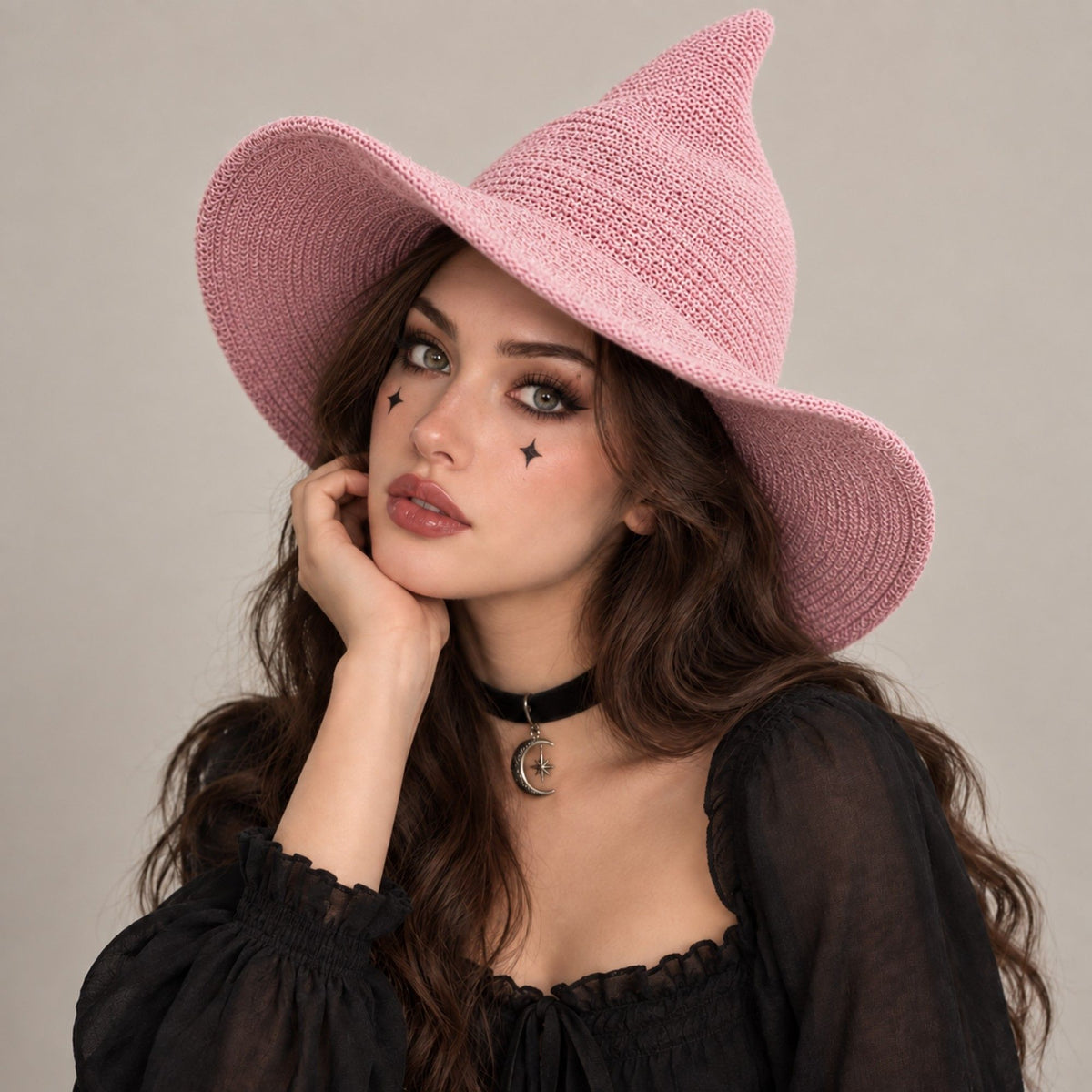 Pointed Knit Witch Hat with Wide Floppy Brim for Halloween