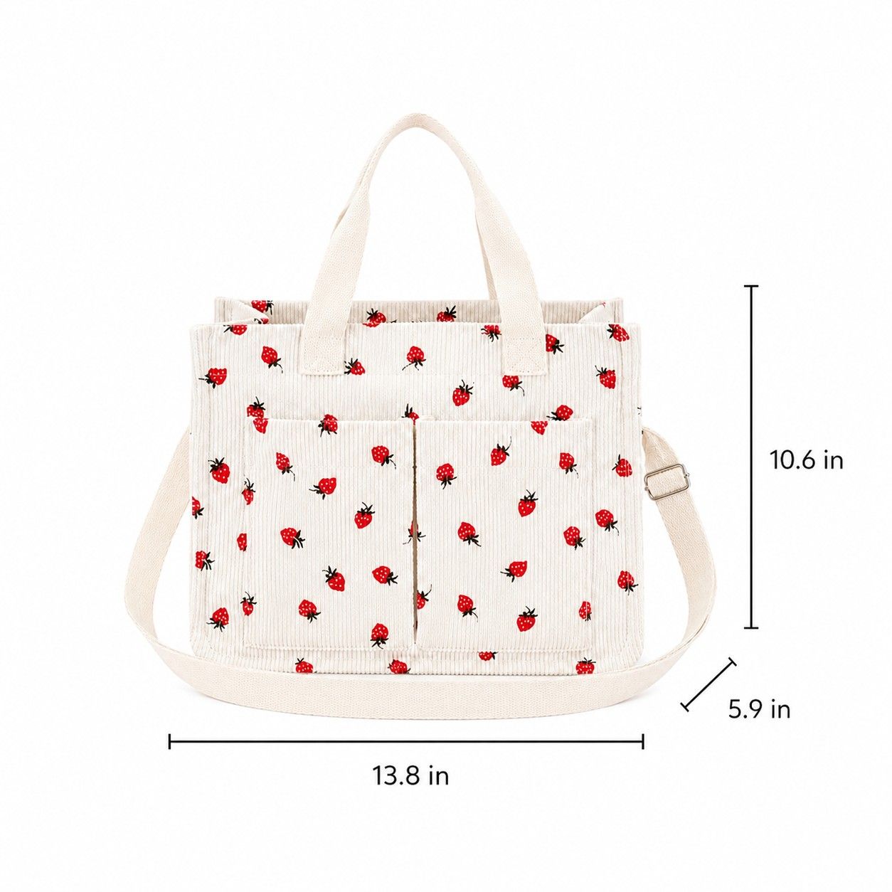 Canvas Strawberry Print Tote Bag with Shoulder Strap and Side Pockets