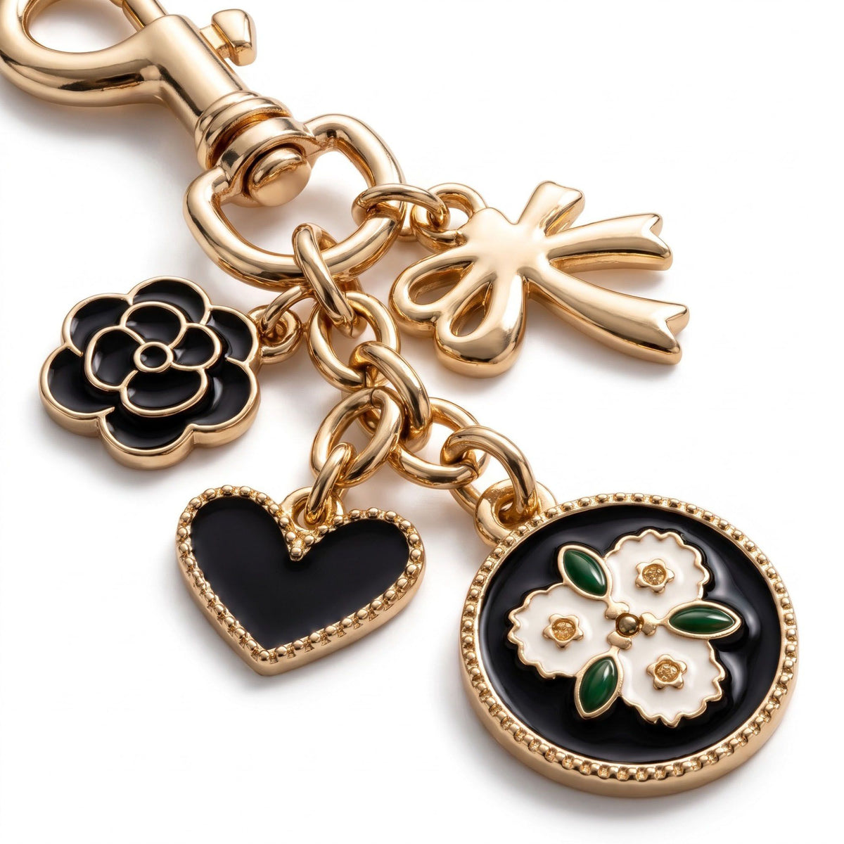 Floral Heart Bag Charm Keychain with Bow and Flower Pendants