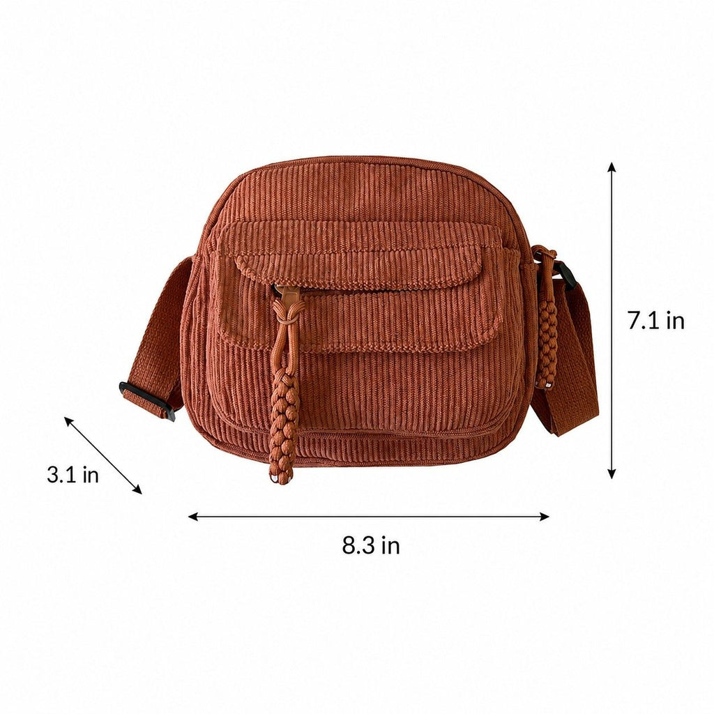 Corduroy Crossbody Bag with Front Pocket Adjustable Strap and Zip Closure